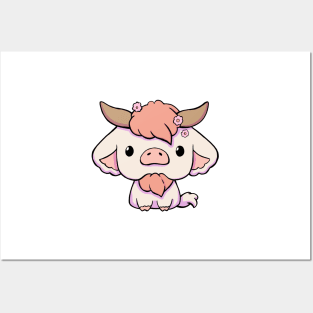 Cute Kawaii Cow - Cream Posters and Art